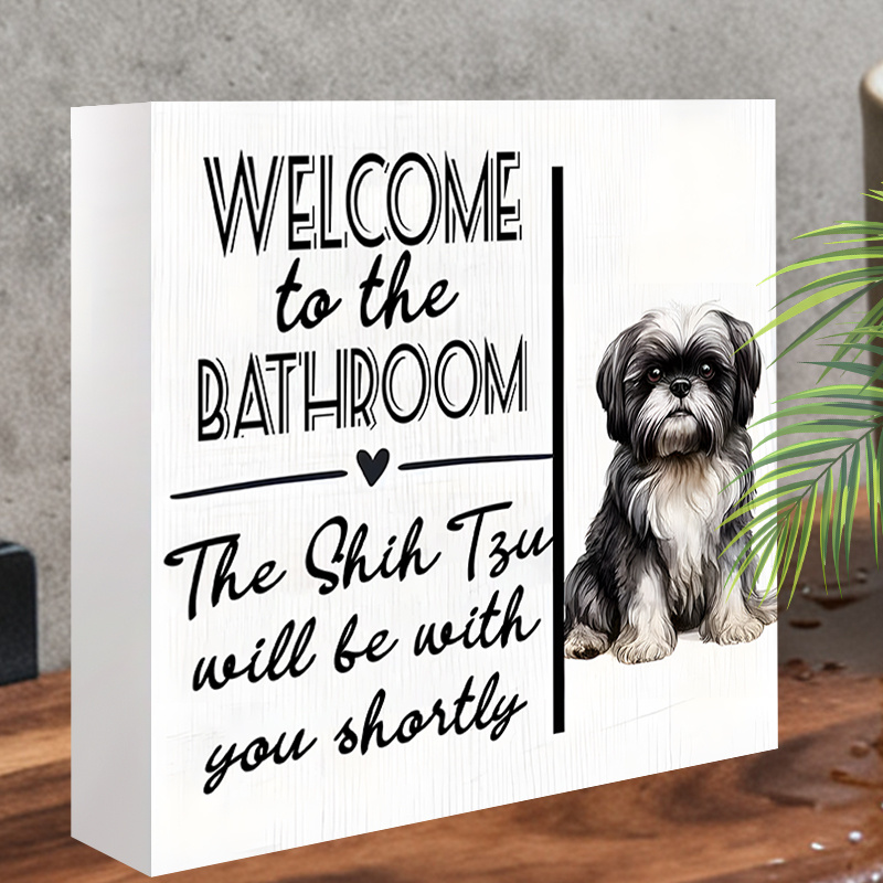 TEMU 1pc Funny Bathroom Pvc Block Sign, Welcome To The Bathroom Sign, Dog Lover Desktop Shelf Decor, Suitable For Toilet Bathroom And Pet Lovers