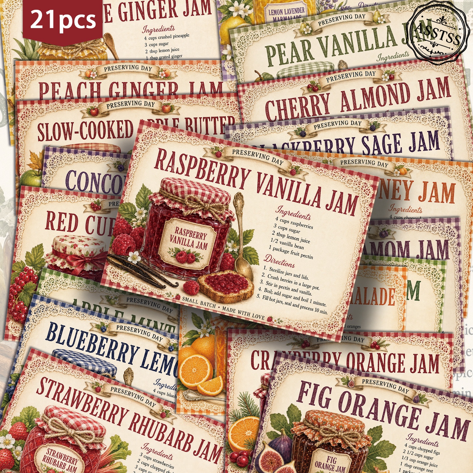 TEMU 21-pack Asstss Vintage Jam Recipe Collection Postcards - 4x6 Inches Retro Junk Journal Supplies, Classic Pinup Illustrations Collectible