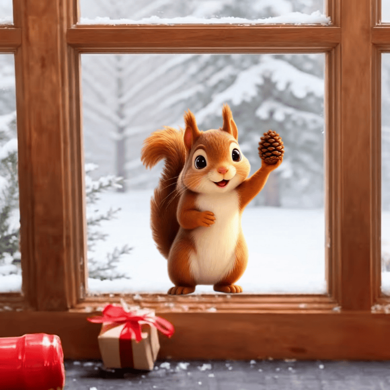 TEMU 2d Flat, Window Sticker, 1pc, 2d Flat Printed Cute And Whimsical Squirrel And Harvest Window Decal, Double-sided Visual Adorable Autumn Squirrel