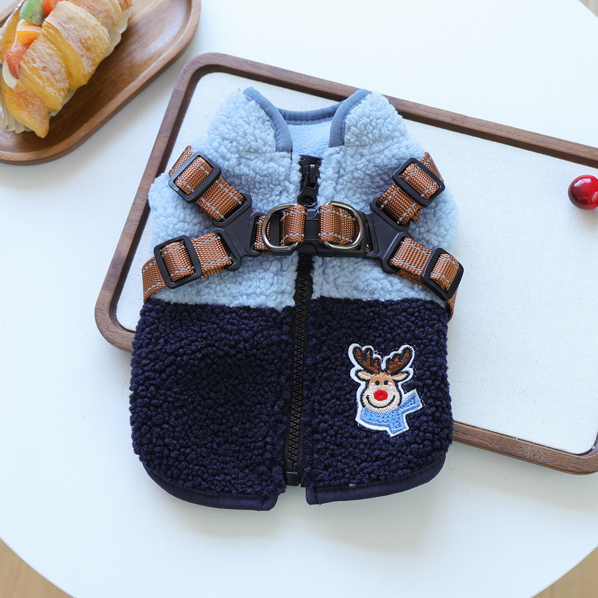 TEMU Pet Clothing Reindeer Harness Vest, Korean -block Plush Vest, With Lead Universal For Cats And Dogs, Convenient For Autumn And Winter , Teddy