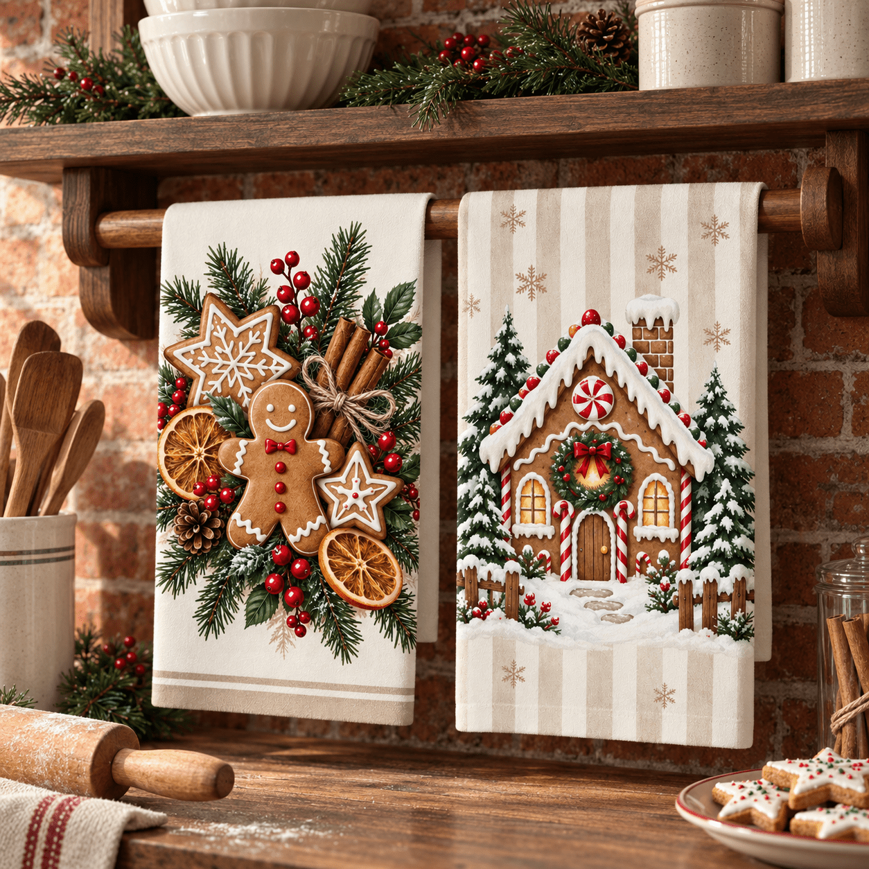 TEMU 2pcs Christmas Gingerbread Man Dried Orange Gingerbread House Kitchen Towels Dishcloths, Decorative Kitchen Tableware, Christmas Housewarming