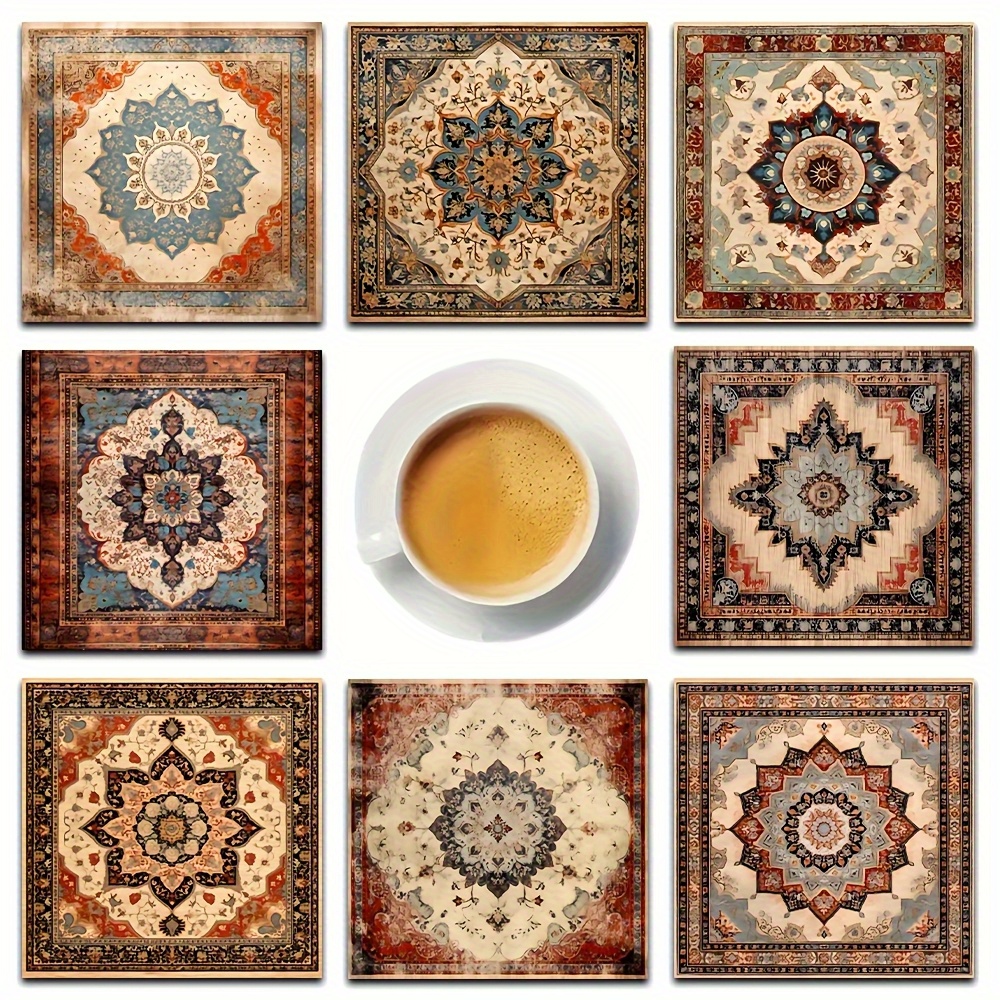 TEMU 8pcs Persian Pasian Carpet Red Pattern Coasters, Wooden Square Coaster Set, Car Coasters, Tea Coasters, Coffee And Drink Mug Coasters, Suitable