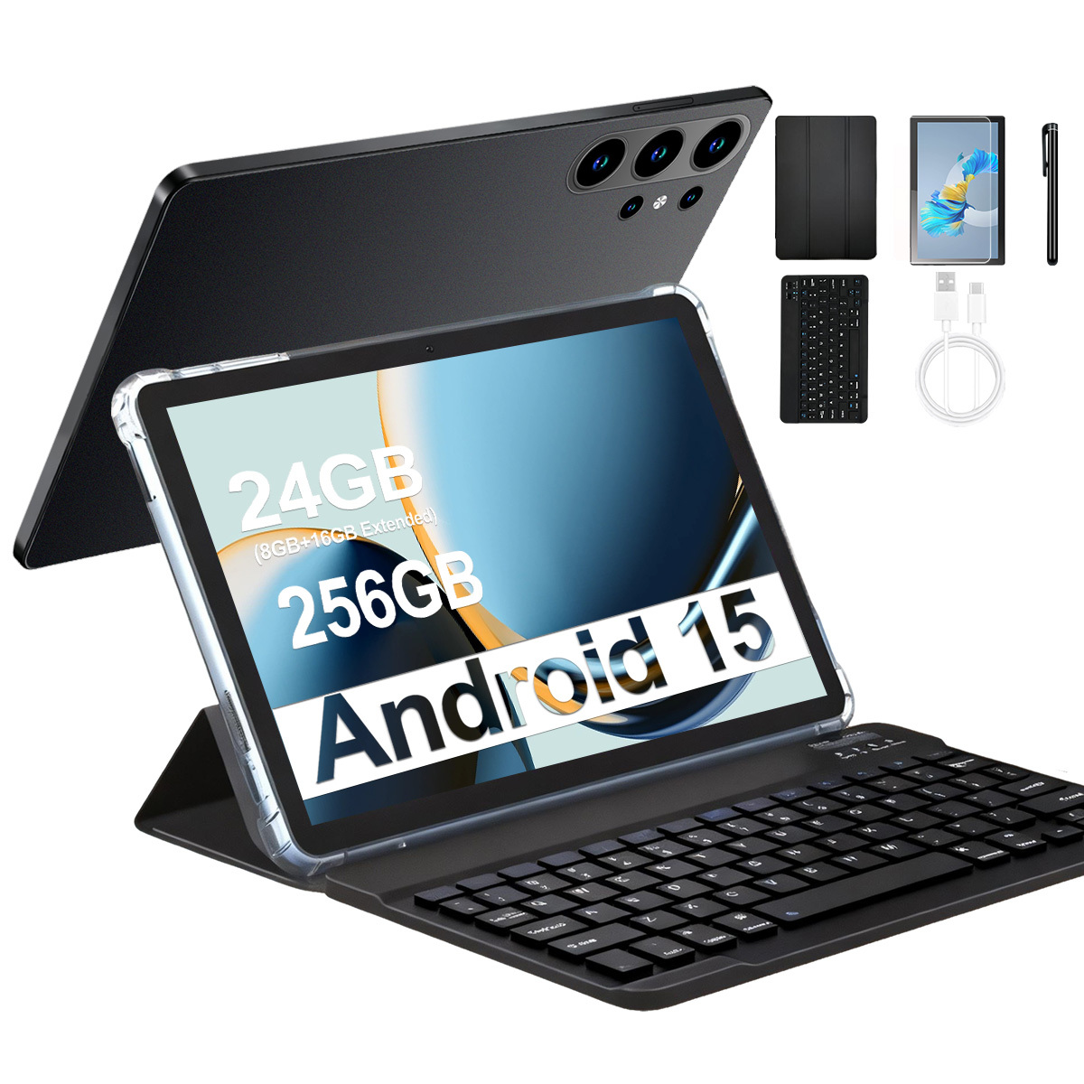 item picture 2026 new   15 tablet 24gb   256gb rom 10 1 inch ips   6000mah battery 8mp front 16mp rear camera wifi smooth gaming with keyboard case stylus cable ideal gift for fathers day