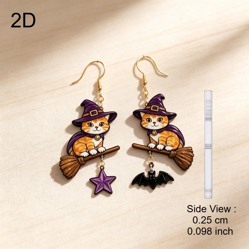 TEMU Pendientes planos 2D - Pendientes de bruja de Halloween con forma de gato y escoba 2D para mujer, tono dorado, estrella asimétrica, murciélago