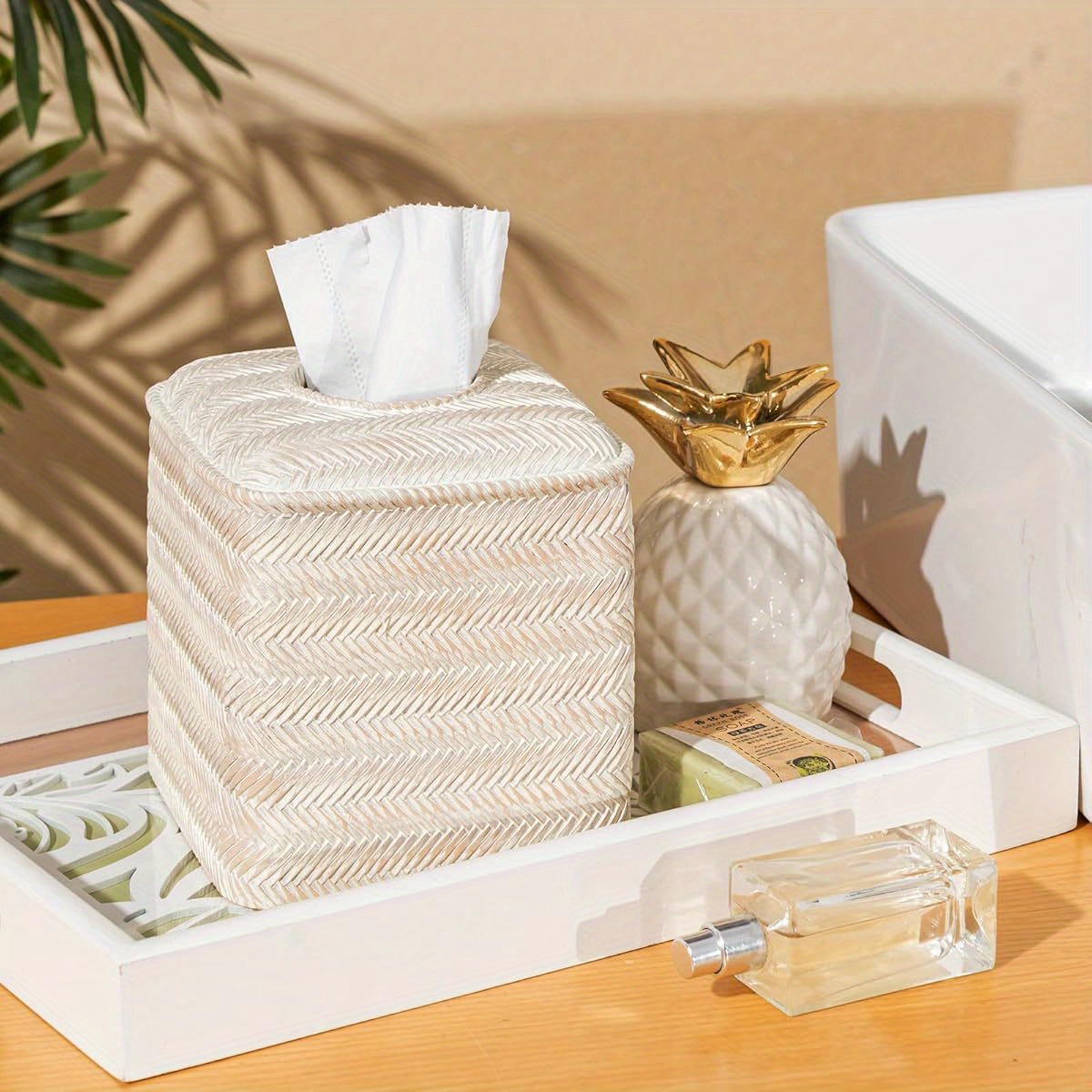 hand carved wicker tissue box cover square resin holder with textured   3 x 5 3 x 5 9 inches farmhouse style for home decor bathroom living room bathroom decor and accessories decorative tissue holder natural   Product details 6