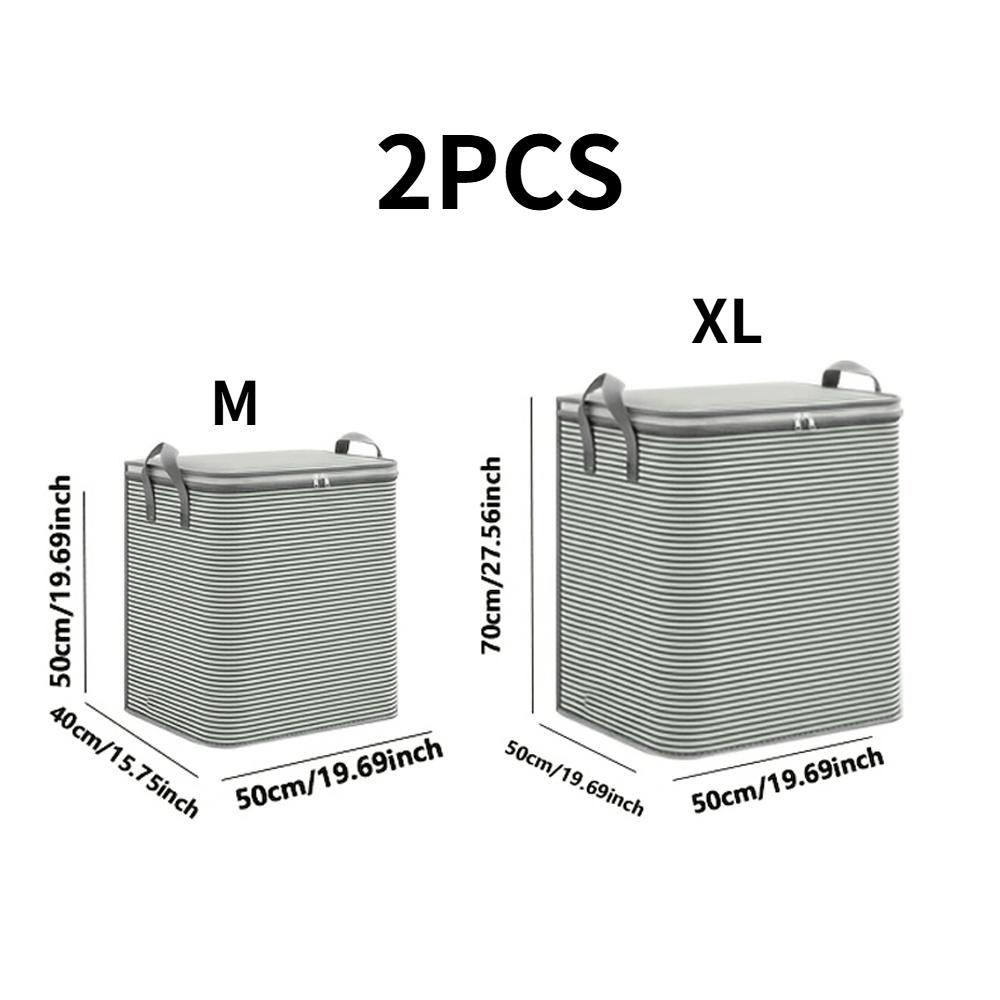 TEMU 2pcs Large Volume Zipped Storage Bags, Foldable Garment And Duvet Fabric Organizers, Grey Striped Non-woven Textile Storage Holders With