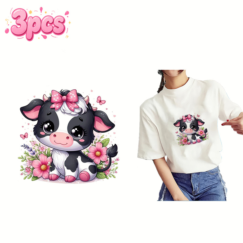 TEMU 3pcs Cute Cow Pattern Heat Transfer Stickers, High-definition Tear-resistant Diy Iron-on Appliques, Durable Plastic For T-shirt Making, Pillow