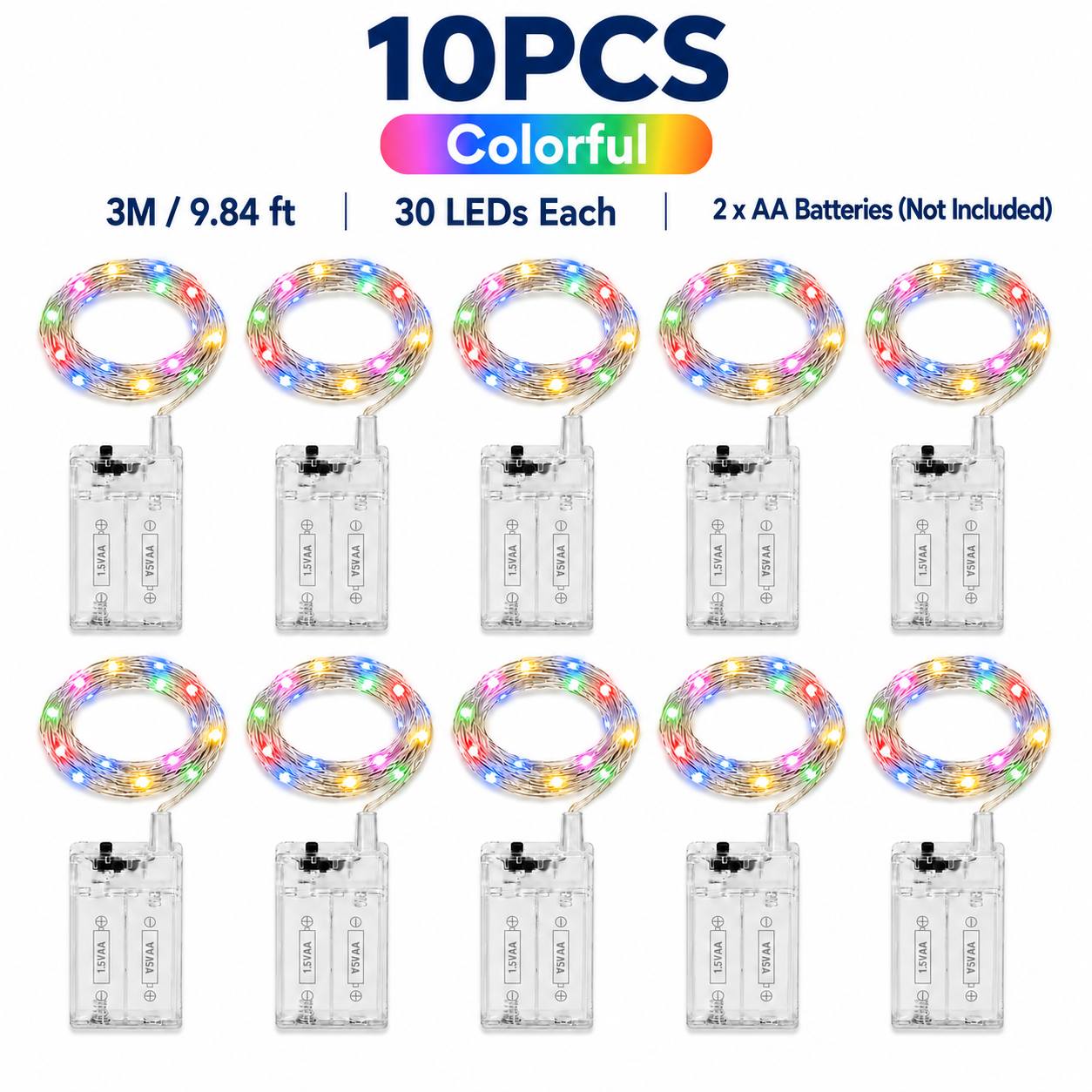 TEMU Lot de 10 guirlandes lumineuses LED féeriques de 3 m, 30 LED à piles, fil argenté flexible, options de couleurs jaune