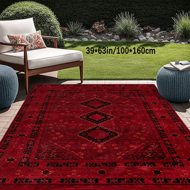 TEMU Large Vintage Bohemian Red Area Mat - 79" X 118" Non-slip, Machine Washable, Easy Clean Polyester Mat With Geometric Patterns For Living Room,