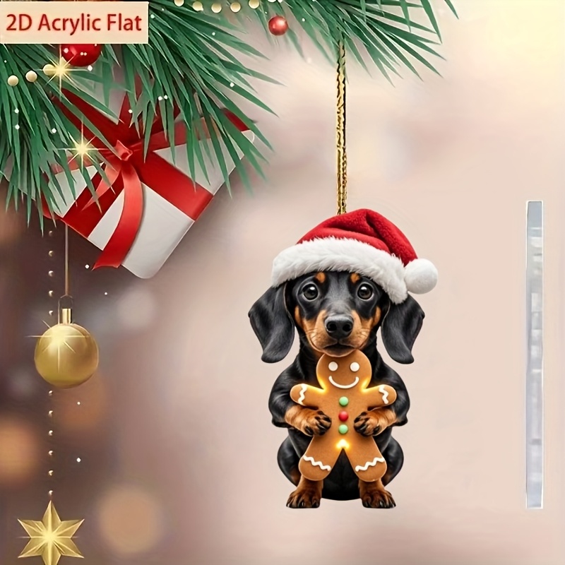 TEMU Adorno Navideño de Perro Dachshund Adorable en 2D - Decoración Colgante de Acrílico con Dachshund Sosteniendo Muñeco, Decoración Duradera para