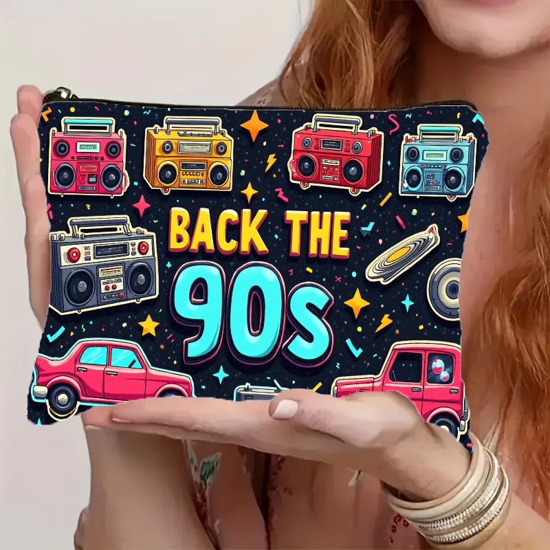 TEMU Trousse Cosmetici con Design Retro Boombox e Auto Classica degli Anni '90, Dotata di Chiusura a Zip. Questo Organizer Trucchi e 癡 per Donne e