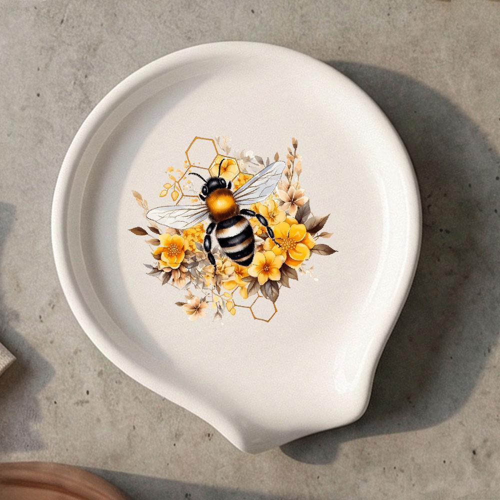 TEMU Bee And Yellow Floral Honeycomb Ceramic Spoon Rest, Vintage Botanical Spoon Holder For Kitchen Countertop And Stovetop, Gift For Home Cooks, Bee