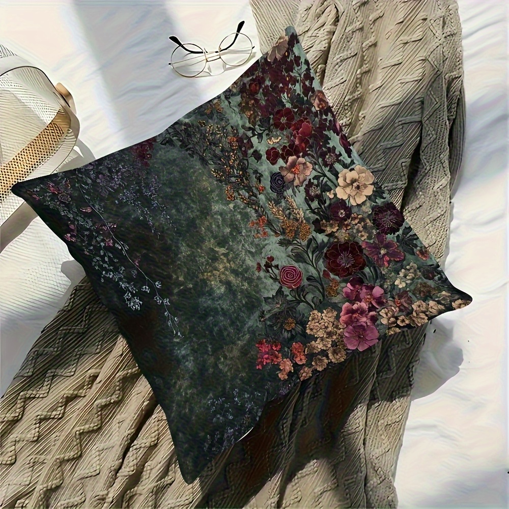 TEMU 1pc Victorian Floral Cushion Cover - Dual-sided Vintage Floral Pattern In Deep Greens, Burgundies, , Golds - Zipper Closure, Machine Washable -