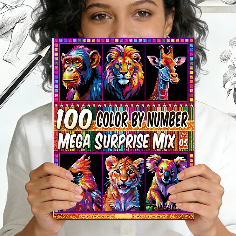 Image of 21 Color By Number - Mega Surprise Mix: 21 Designs In Pixel Art - Neon Animal Portraits Shining In Dark Spaces