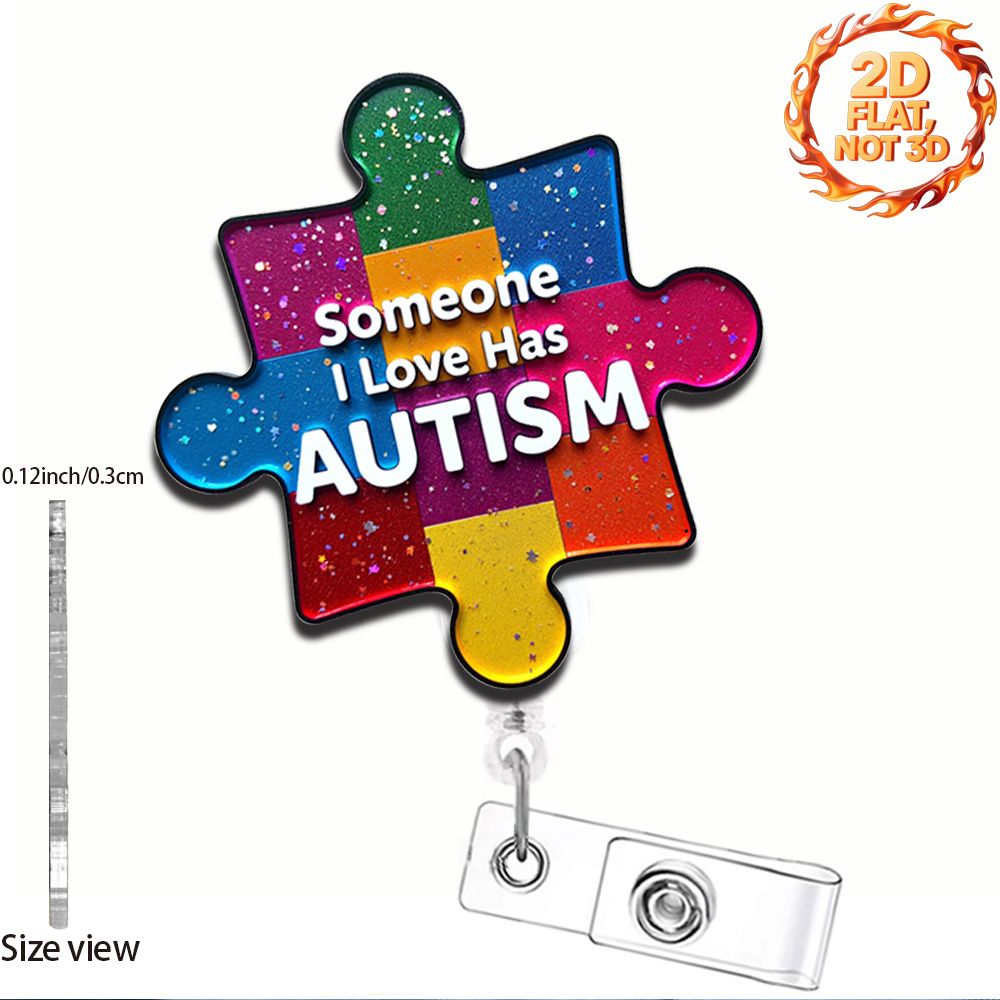 TEMU 1pc 2d Flat Retractable Badge Reel Additions Cute And Fun Acrylic Id Badge Holder With Clip Colorful Puzzle Pattern Designed For Hospital