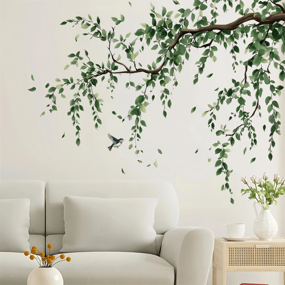 Image of Literary Style Wall Sticker, Branch Bird Decorative Sticker, Self-adhesive Living Room Sofa Background Wall Decoration Wall Sticker