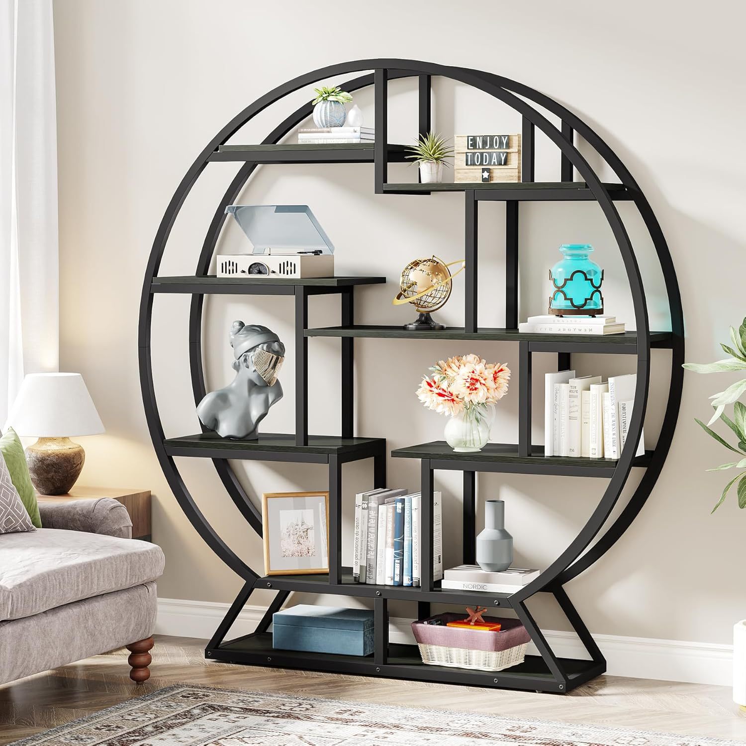 63 Inch Round Industrial Bookshelf - Rustic Wood & Metal Etagere Bookcase with Staggered Shelves, 350lb Capacity, Adjustable Leg Pads, Matte Black & Brown Finish, Open Shelving Organizer for Living Room, Home Office, Bedroom, Kitchen, Bookshelf Decorations, Versatile Display Shelf, Round Silhouette Shelf, Durable Particleboard