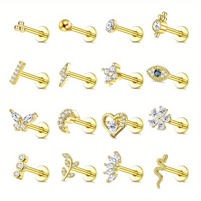 Image of 2d Flat, 16pcs Tragus Piercing Jewelry Hypoallergenic Surgical Steel Tragus Earrings Internally Threaded Flat Back Medusa Labret Lip Conch Cartilage Stud Earrings For Women
