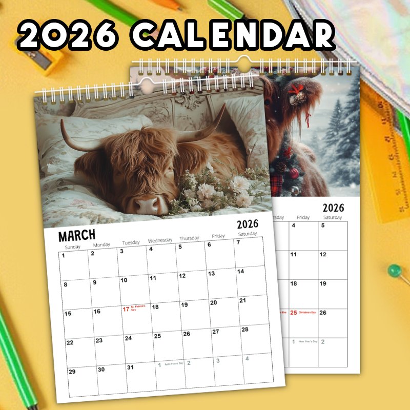 Highland Cow Kalender 2026 Wandkalender 2026 Kalender, Familienplaner Wandkalender Mit Süßer Highland Rinderkunst, Monatsplaner Für Zuhause, Büro Und