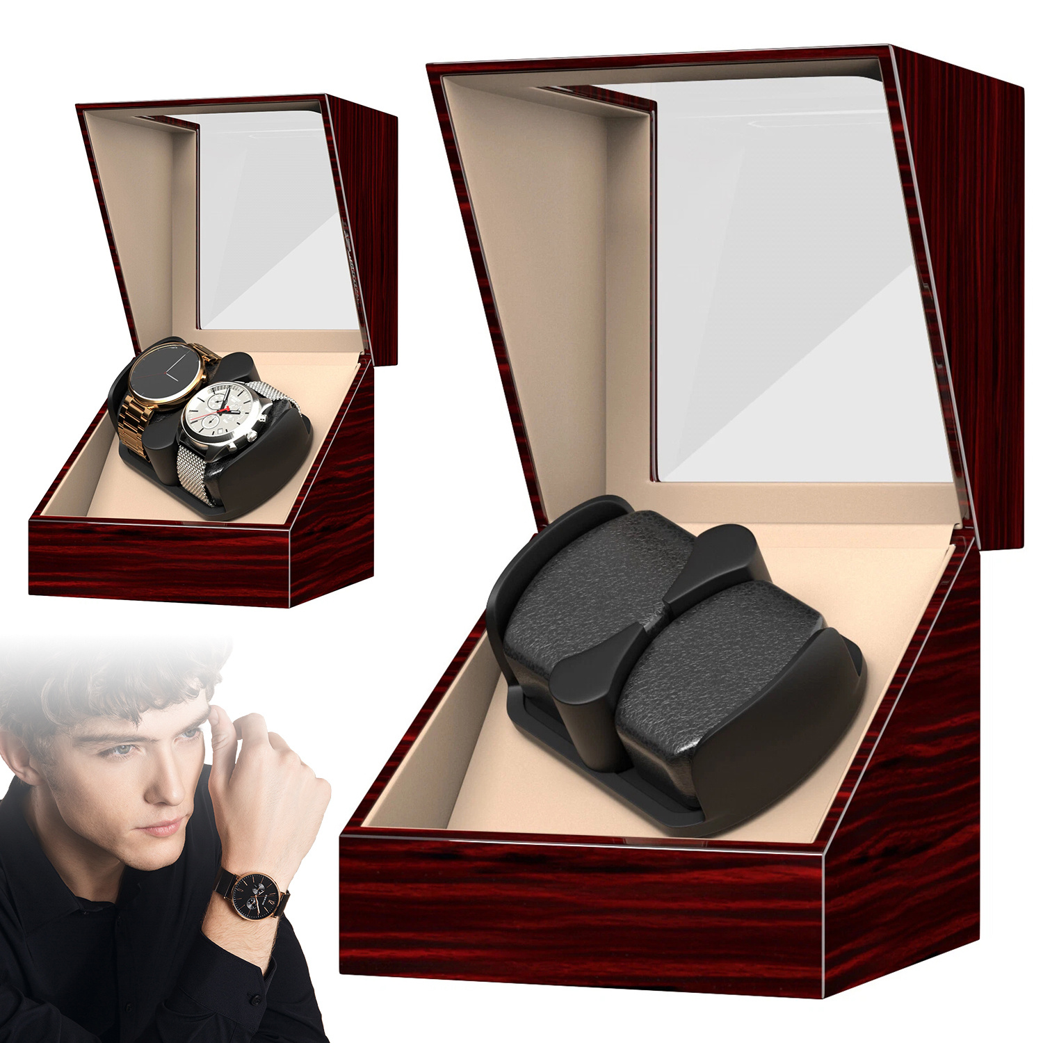 Image of Luxury Automatic Watch Winder Box With A High-gloss End, Featuring 2 Rotation And Settings For Storing Watches, Perfect For Collectors And An Gift For Watch Lovers, Without Battery