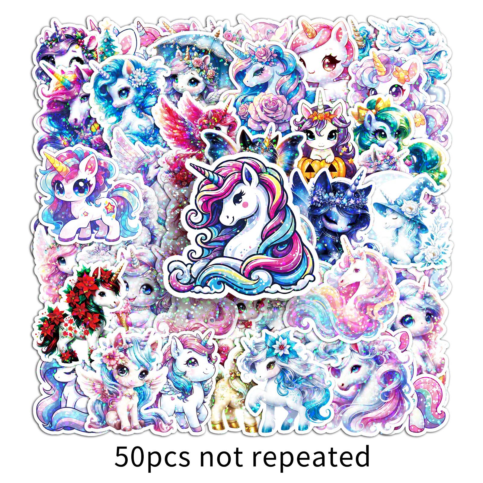 Image of A Set Of 50 Unicorn Rainbow-themed Graffiti Stickers Suitable For Decorating Suitcases, Phone Cases, Laptops, Helmets, Skateboards, And More. Stickers Are Perfect For Decor