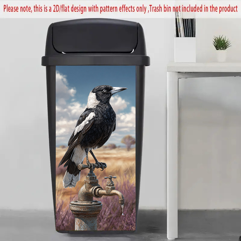 TEMU 1pc Of 2d Flat Trash Can Sticker Featuring A Magpie Standing On A Faucet Design, Suitable For Decorating Walls And Kitchen Trash Bins.