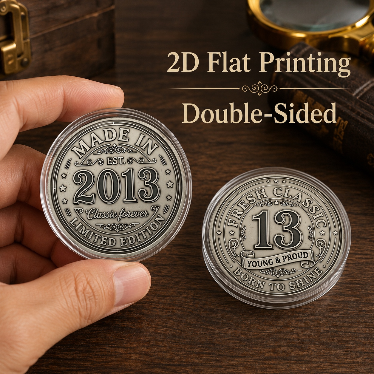 TEMU Replica Coin, 1pc, 2d Flat, 2013 Fresh Classic Commemorative Coin (4cm/1.57in), Double-sided Decorative Birthday Coin With Acrylic Protective
