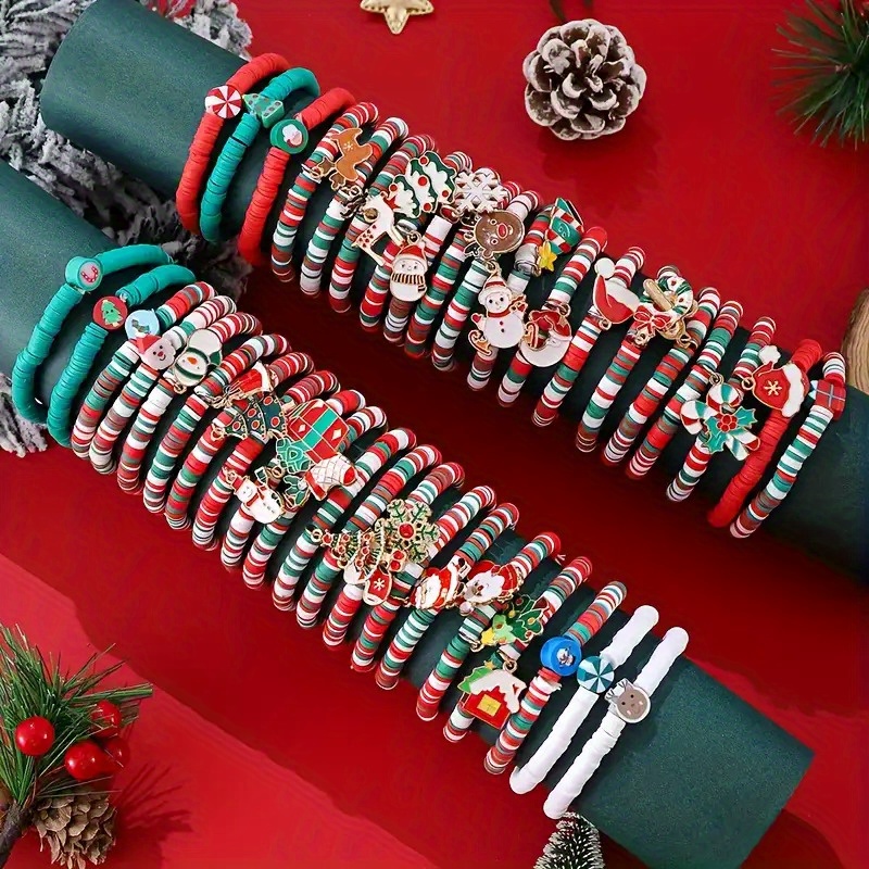 TEMU 32pcs Vintage Elastic Bracelet Set- Cute Santa Claus, Tree, Reindeer, Snowman, Snowflake Charm Bracelets, Bulk Purchase, Vintage Winter