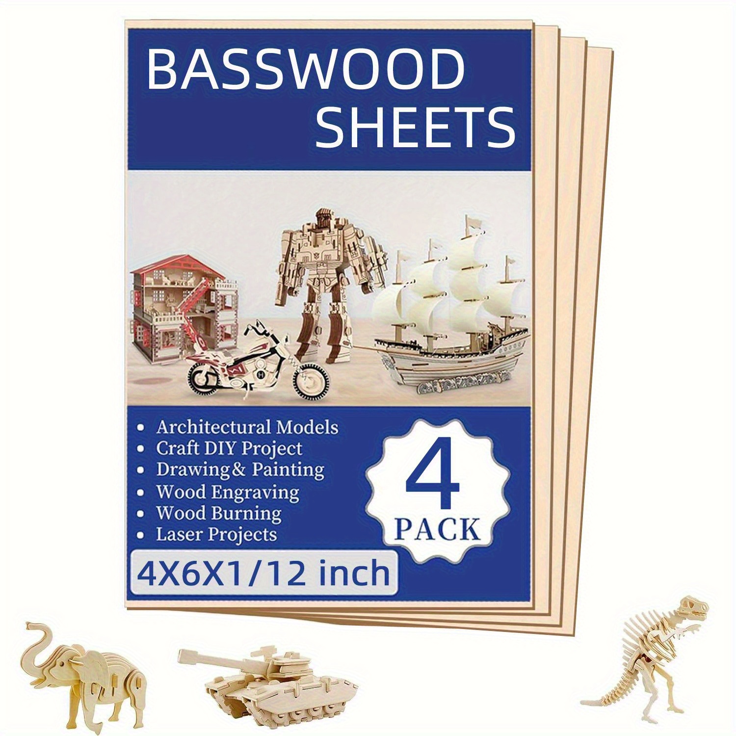 4/8/12-pack Basswood Sheets 4x6x1/ 12inch (. 10 X 15 X 0.2cm), Basswood For Laser Cutting And Engraving, Thin Plywood Wood, Used For Crafts, Diy Architectural Models, Wood Burning And Painting