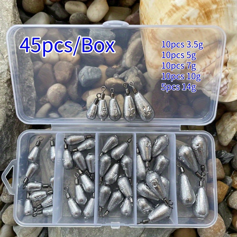 Image of A Box Containing 45pcs Of Fishing Sinkers In Weights: 3.5g, 5g, 7g, 10g, And 14g. Teardrop Sinkers Come With Swivels And Are Designed For Fishing, Including Soft Bait Sinkers And Hook Connectors
