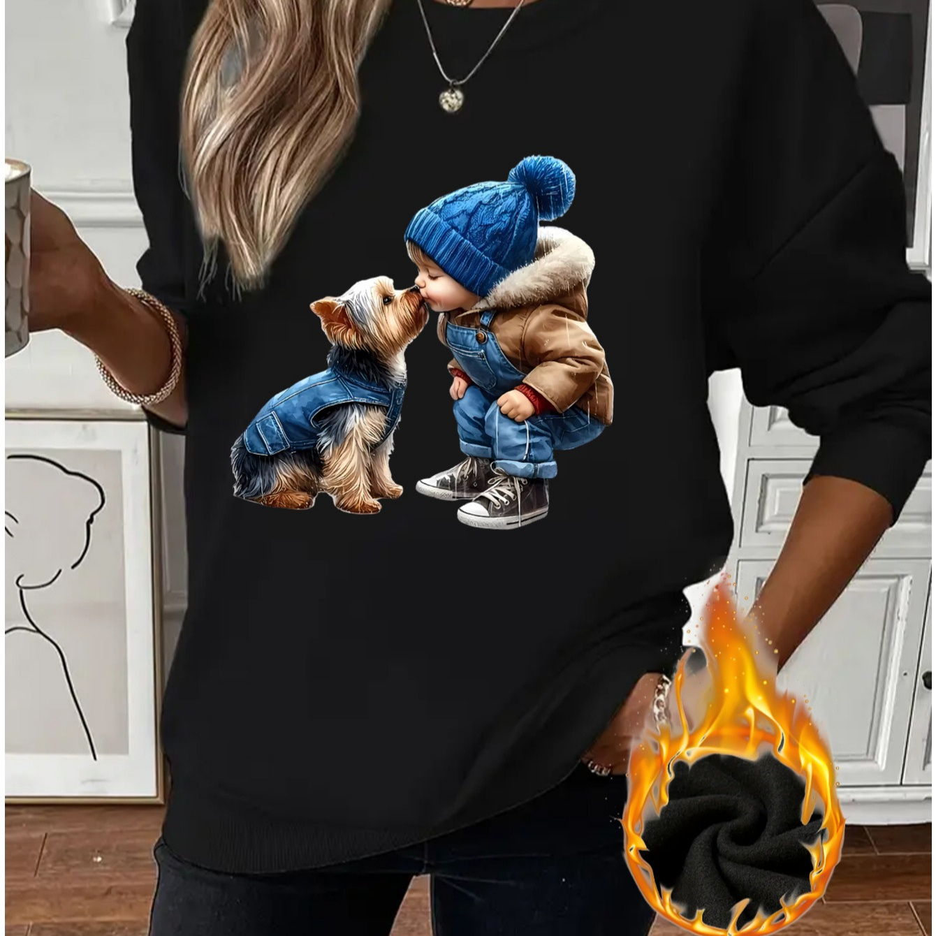 

Cozy & Cute Cartoon Denim Boy & Puppy Print Women's Fleece-lined Sweatshirt - , Long Sleeve Pullover With Round Neck, All , |trendy Pullover|ribbed Cuffs