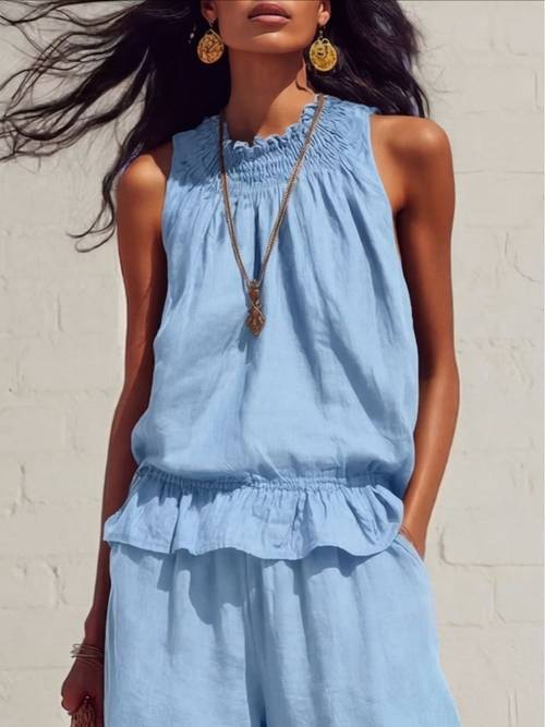 womens spring summer elegant commuting fashion loose retro bohemian ruffle edge linen two piece set