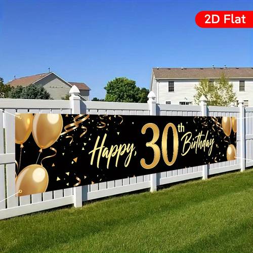 2d , . stor havebanner til happy 30th birthday med gyldne balloner & - elegant sort & guld design, holdbart polyester, 17.7x78.7 tommer til indendørs/udendørs festdekoration, bryllupper, jubilæer, fødselsdagsspynt, 2d