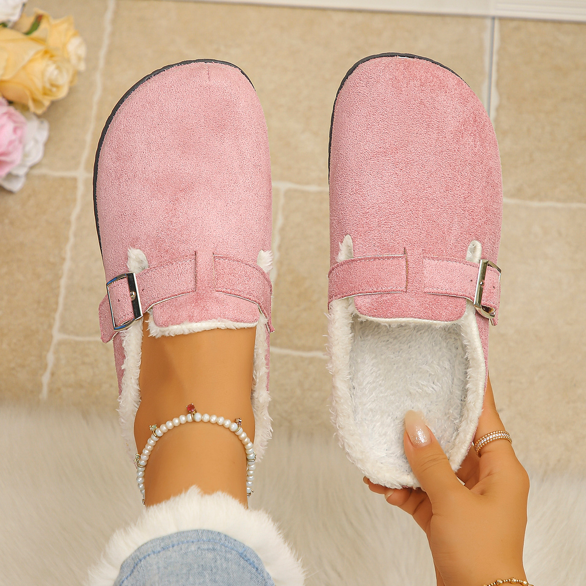 TEMU Mules doublées de peluche épaissies pour femme grande taille, nouveauté automne/hiver, chaussures d'hiver élégantes, décontractées, et