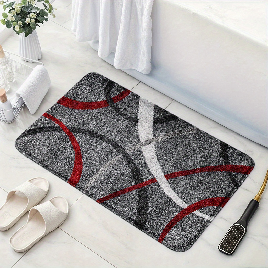TEMU 1pc Gray Red Black White Curve Print Rectangular Bathroom Non-slip Mat, Modern Minimalist Style 1cm Thick-foldable Faux Cashmere Rug With Tpr