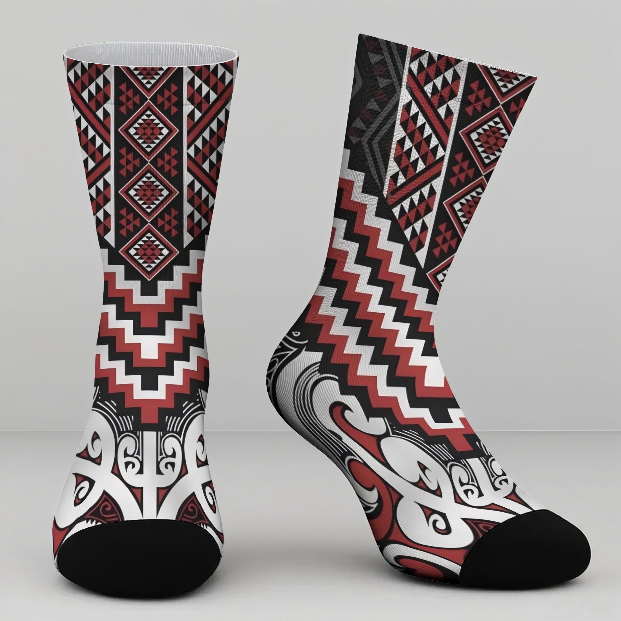 TEMU Maori Tukutuku Fashion Cartoon Pattern Crew Socks, Breathable Comfortable Style Socks, 's Holiday Gift, Outdoor Sports Socks