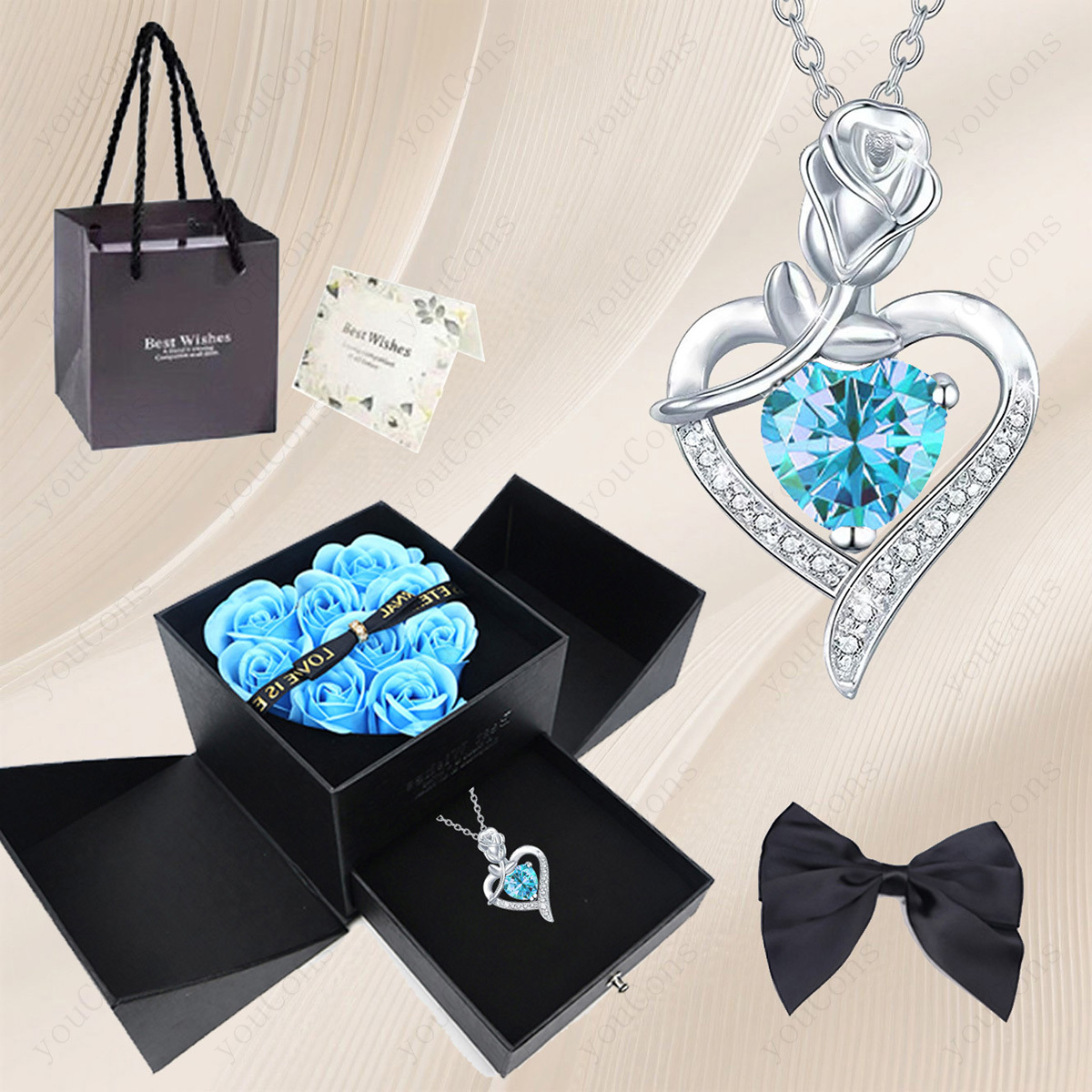 Women's Light Blue Lucky Stone Heart Pendant Necklace Gift Set