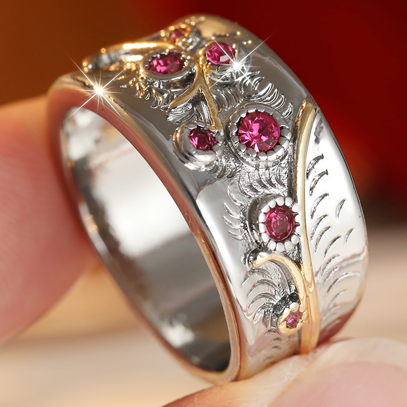 Women's Vintage Two-Tone Engraved Wide-Band Ring Set with Red Zirconia