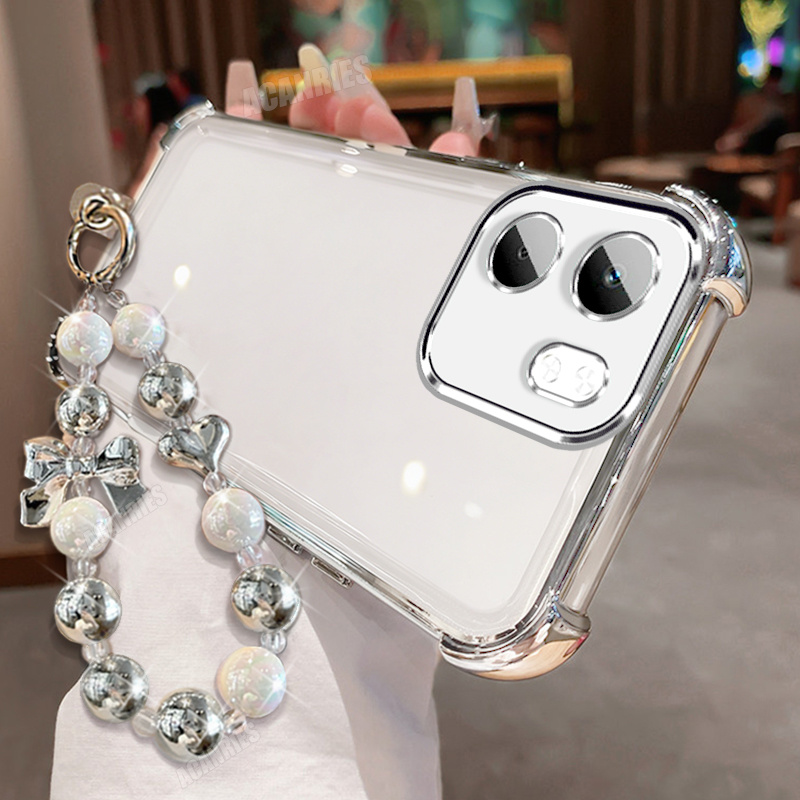 TEMU Phone Case: Acanries 1 Love Heart Bead Lanyard + 1 Luxury Plating Clear Phone Case For Oppo A5x 5g Girl Woman Transparent Shockproof Protective