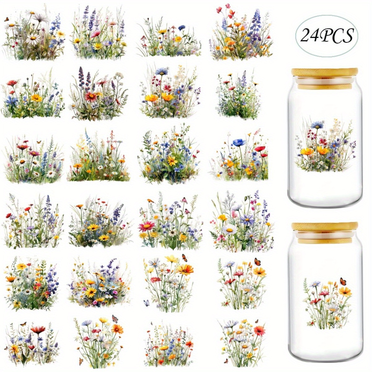 24pcs/set Summer Wildflowers Diy Glass Jars Wrap Stickers Coffee Cups Uv Dtf High Self-adhensive Wraps Transfers Decor Sticker On Mugs 16oz High Quality Sticker