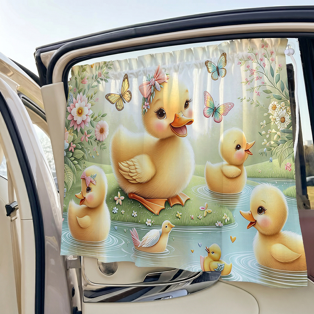 TEMU 1pc Car Sunshade, Cartoon Duck Floral Print Adjustable Car Sunshade, Suction Cup Car Window Side Curtain, Summer Sun Protection And Heat