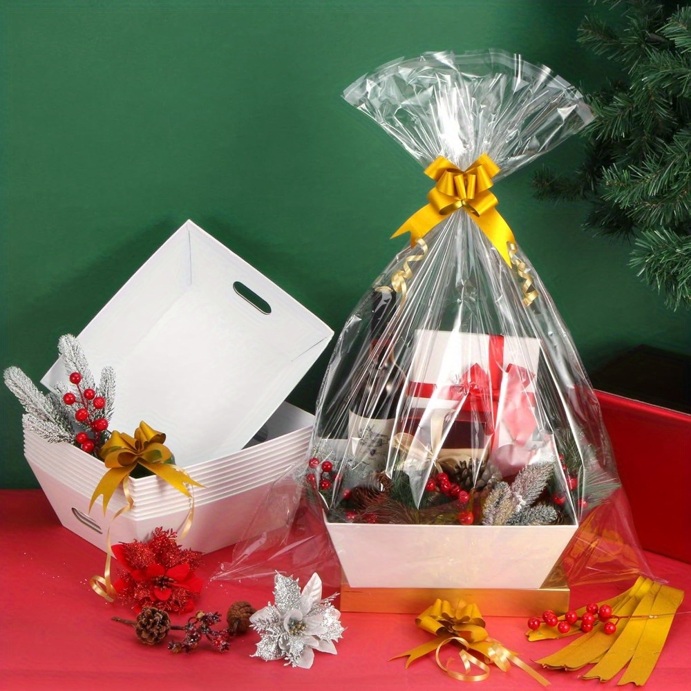 4-Set White Kraft Paper Gift Baskets with Golden Ribbon - Elegant Empty Baskets for Christmas, Easter, Birthdays - Durable & Stylish for Presents, Gifts, and Special Occasions, Gift Baskets for Gifts, Holiday Gift Baskets, Decorative Ribbon Accents, Sturdy Construction, Gift Basket (empty/chocolate), Birthday Basket, Gift Box, Gift Boxes