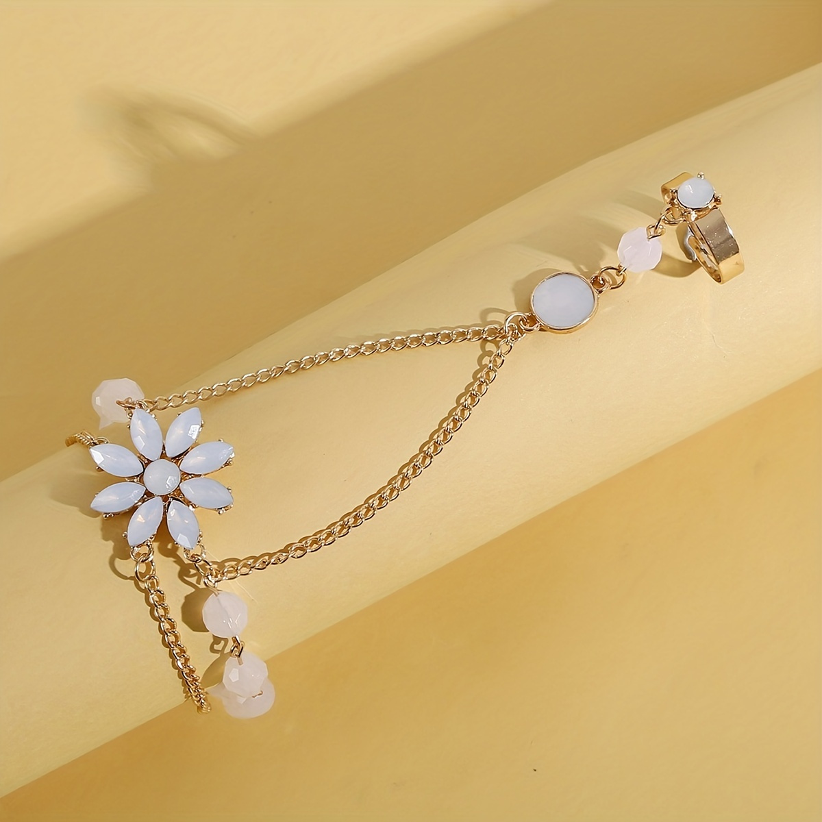 Pulseira Anel de Dedo de Flor Ajustável Joias de Mão  8
