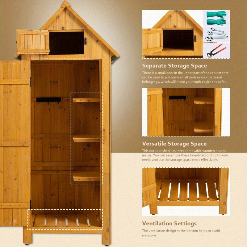 Outdoor Cabinet Tool Shed Measuring 30, 3 Inches in Length, 21, 3 Inches in Width, And 70, 5 Inches in Height, Made of Natural Wood