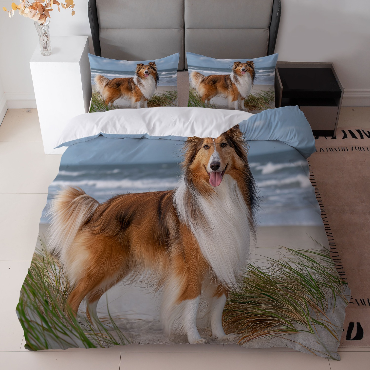 TEMU 3pcs Beach Theme Bedding Set With Collie Dog Print (1duvet Cover   2pillowcase, Without Core) For Bedroom Decor