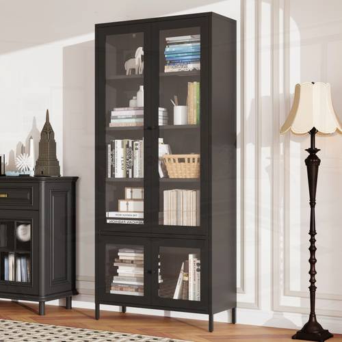 large metal cabinet display cabinet with 4 glass doors 5 shees side cabinet bookcase freestanding cabinet for bedroom living room pantry home office black reinforced tempered glass