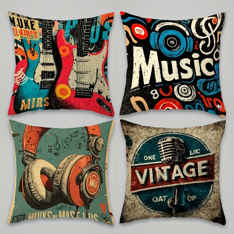 TEMU 4pcs Set, Single-sided Print, Pillowcases, Electric Guitar And Vintage Logo Create A Trendy Atmosphere, Sofa Pillow Covers, Decorative For Home,