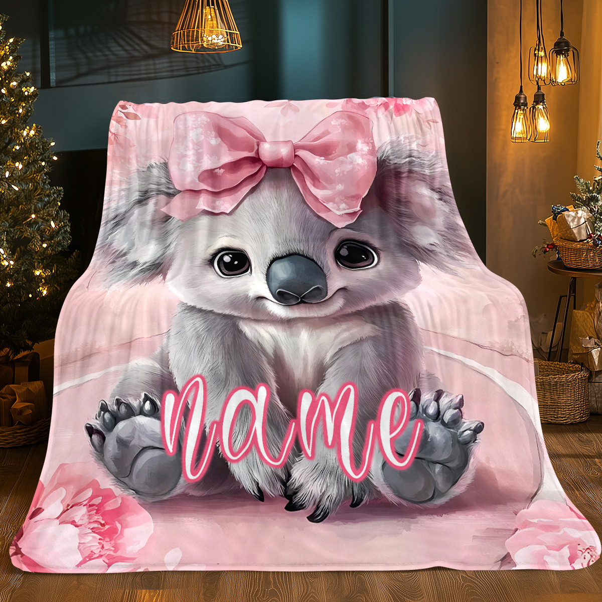 Personalized Pink Cute Koala Travel Blanket, Lightweight Flannel