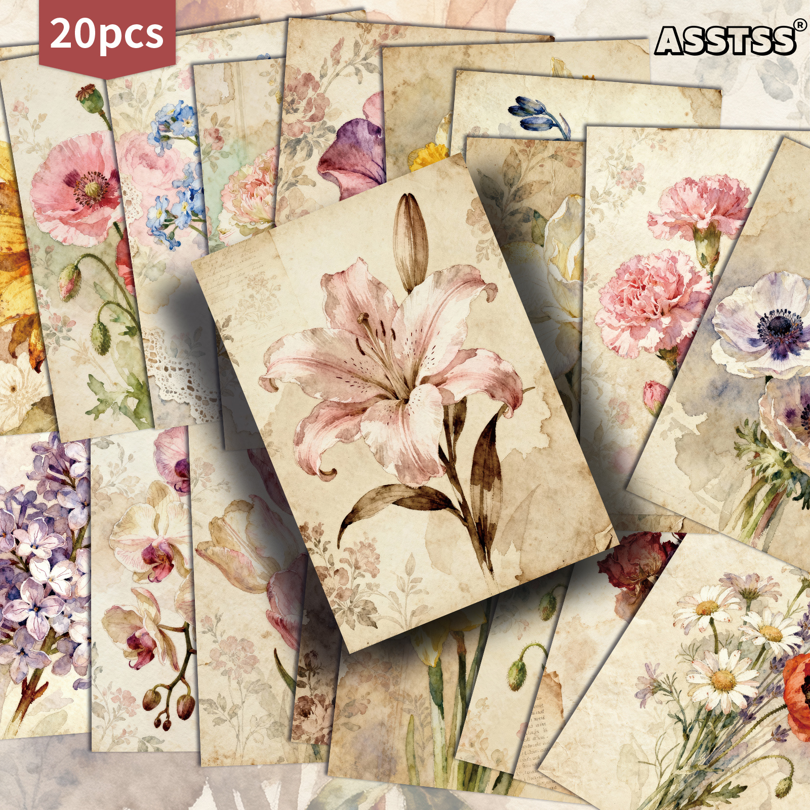 TEMU Set Of 20 Assorted Retro Spring Lily And Daisy Flower Gift Cards - Measuring 4x6 Inches, Featuring Classic Pinup Illustrations, Scrapbooking And