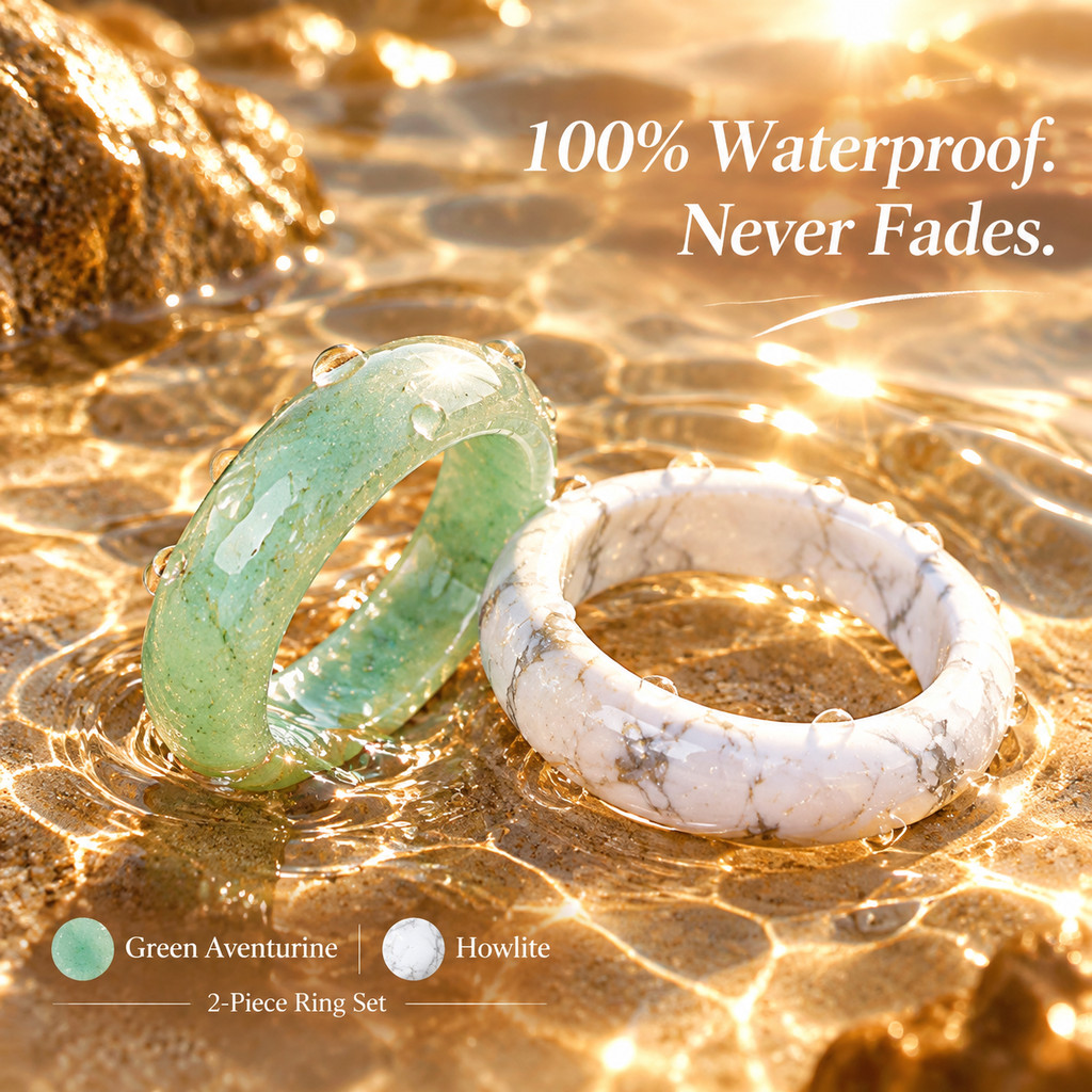 2pcs Green Aventurine & White Turquoise Band Ring Set